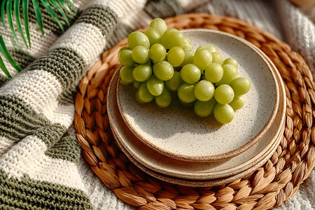 A cluster of fresh green grapes rests on stacked rustic ceramic plates, surrounded by woven mats and knitted textiles. natural light enhances the autumn ambiance, ideal for cozy seasonal decorations and culinary presentations. Generative AIの素材
