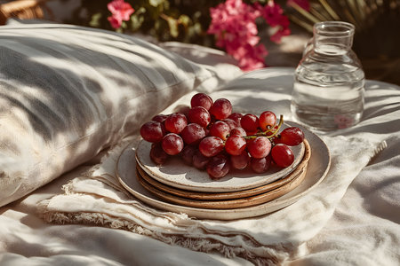 A serene outdoor setting featuring a bunch of ripe red grapes on neutral-toned plates, accompanied by a glass pitcher of water. sunlit shadows from surrounding plants create an inviting atmosphere of relaxation and refreshment. Generative AIの素材