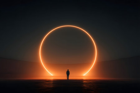 A lone figure stands in silhouette before a luminous neon circle in a dark, atmospheric landscape. the scene exudes a sense of mystery and futuristic elegance, ideal for digital art or conceptual design. Generative AIの素材