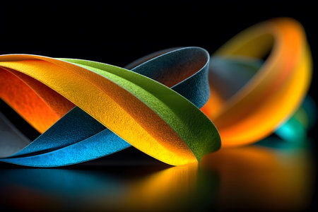 Dynamic curves of colorful ribbons in a captivating abstract composition. a vibrant display of orange, yellow, green, and blue hues, showcasing fluidity and movement, set against a dark background for modern artistic expression. Generative AIの素材