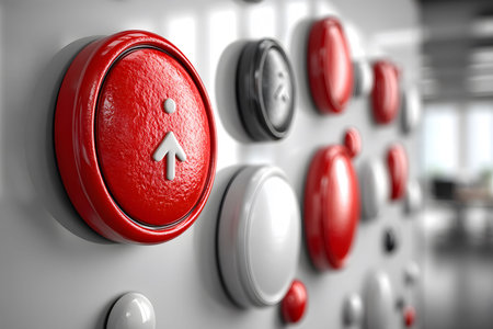 Close-up of a modern elevator control panel featuring prominently red and white buttons with sleek symbols. the glossy finish and minimalist design emphasize functionality and aesthetics, perfect for contemporary building interiors. Generative AIの素材