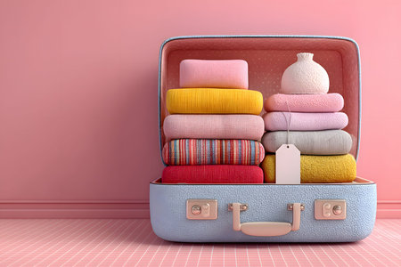 Open suitcase neatly packed with colorful folded clothes, creating a visually pleasing and organized travel preparation scene. the vibrant hues contrast against a soft pink background, suggesting a stylish journey ahead. Generative AIの素材