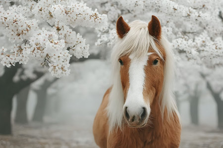 A chestnut horse with a striking white mane stands among blooming cherry blossoms, creating a serene and picturesque contrast in a lush orchard setting, embodying the essence of spring. Generative AIの素材