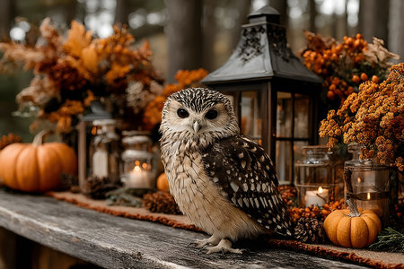 A majestic owl perched on a rustic wooden table surrounded by autumn-themed decorations, including vibrant pumpkins, lanterns, and dried flowers. the scene embodies the essence of fall with warm, earthy tones and a cozy atmosphere. Generative AIの素材