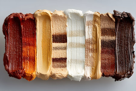 A visually striking array of acrylic paint swatches featuring earthy and neutral tones. this close-up composition highlights the texture and richness of the pigments, making it ideal for artists, designers, and creatives seeking inspiration. Generative AIの素材