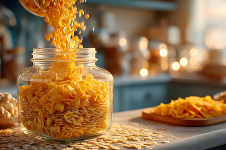 Sunlit kitchen scene with golden cereal poured into a glass jar, surrounded by sliced fruit and rustic decor. warm lighting enhances the cozy, inviting atmosphere perfect for a morning breakfast setting. Generative AIの素材