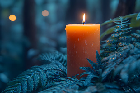 A warm orange candle flickers softly amidst lush green ferns, set against a serene dusk backdrop. the gentle light and natural elements create a calming atmosphere ideal for meditation or relaxation themes. Generative AIの素材