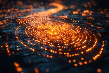 A visually striking abstract representation of a circuit board illuminated by glowing orange lines and nodes, resembling a futuristic pathway. ideal for technology and innovation-themed designs or concepts. Generative AIの素材