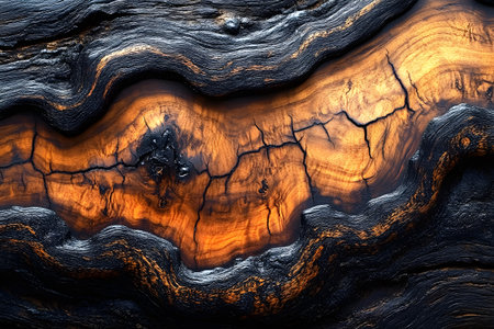Close-up view of a richly textured piece of wood displaying striking natural patterns and deep color contrasts. the intricate design showcases gradients of burnt orange and black, ideal for use in digital art or background design. Generative AIの素材
