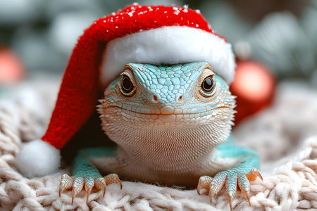 A charming lizard dons a festive santa hat, set against a cozy, blurred background. the image evokes a playful twist on holiday traditions, perfect for greeting cards or seasonal decor. Generative AIの素材