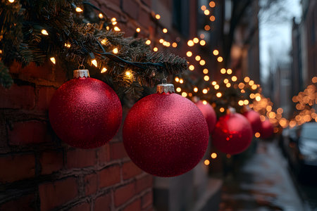 Red baubles and glowing fairy lights adorn a brick wall, creating a festive and inviting atmosphere along a city street. the soft focus in the background adds depth, the warmth of the holiday season. Generative AIの素材
