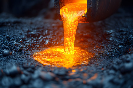 Bright, glowing molten metal pours from a crucible against a dark, industrial backdrop, the intense heat and energy of manufacturing. this image symbolizes strength, transformation, and industrial prowess, ideal for engineering and manufacturing themes. Generative AIの素材