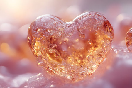 A shimmering crystal heart encased in melting ice creates a romantic atmosphere. the warm tones and delicate details make it ideal for valentine's day themes, symbolizing love and serenity. Generative AIの素材