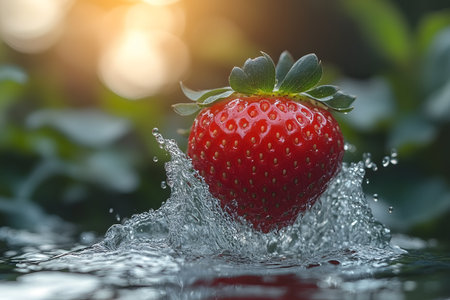 A vibrant red strawberry splashes into clear water, creating dynamic droplets around it. sunlight filters through the background foliage, the freshness and natural appeal of the fruit. Generative AIの素材