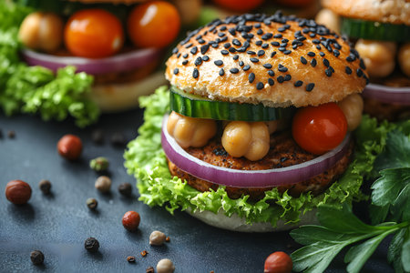 Delicious gourmet veggie burger featuring a sesame seed bun, chickpeas, cucumber, cherry tomatoes, red onion, and fresh lettuce. ideal for healthy dining, showcasing vibrant colors and wholesome ingredients. Generative AIの素材