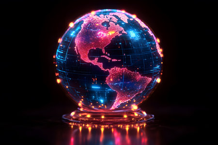 A vibrant digital representation of earth illuminated with neon lights, showcasing a modern and futuristic theme. emphasizes technology, innovation, and connectivity, suitable for tech-related designs or concepts. Generative AIの素材