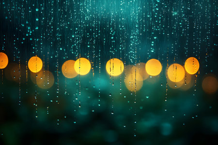 Raindrops cascade gracefully with a backdrop of blurred, warm city lights, creating a dreamy and soothing ambiance. perfect for projects emphasizing tranquility, meditation, or urban serenity. Generative AIの素材