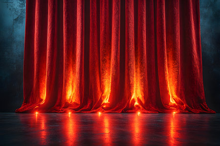 Rich red velvet curtains illuminated by warm stage lights create a dramatic and elegant atmosphere. this theatrical scene is ideal for concepts related to performance, event design, or classic theater settings. Generative AIの素材
