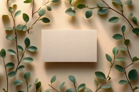 A minimalistic arrangement featuring a blank beige card surrounded by green leaves on a matching background. ideal for designs requiring a natural and calming aesthetic, perfect for seasonal greetings, invitations, or business promotions. Generative AIの素材