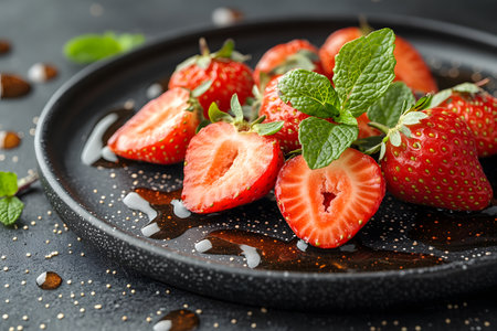 Fresh strawberries arranged on a black plate with a drizzle of honey and mint leaves. the vibrant red of the strawberries contrasts with the plate's dark background, their freshness and appeal for culinary presentations. Generative AIの素材