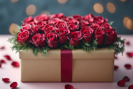 Luxurious gift box adorned with vibrant red roses, surrounded by delicate evergreen foliage. ideal for romantic occasions like valentine's day or anniversaries, this elegant design exudes love and thoughtfulness. Generative AIの素材