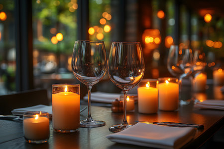 A sophisticated table setup featuring candles and wine glasses, perfect for a romantic dinner. soft lighting and ambient bokeh from windows enhance the intimate atmosphere, ideal for celebrations or special occasions. Generative AIの素材
