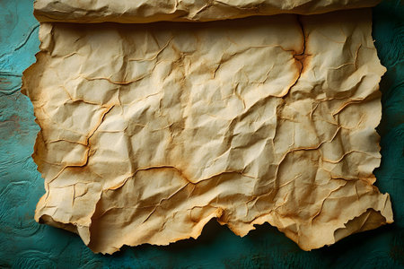 Distressed parchment paper lies over a textured teal surface, showcasing weathered edges and rich, earthy tones. ideal for vintage design elements, historical themes, or adding an aged look to creative projects. Generative AIの素材