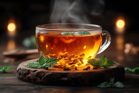 Steaming hot tea in a transparent cup sits on a rustic wooden coaster, surrounded by fresh mint leaves. ambient candlelight in the background adds to the warm, cozy atmosphere, perfect for relaxation and comfort in autumn. Generative AIの素材
