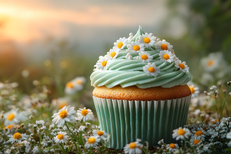 A cupcake adorned with daisy flowers, featuring light green frosting, sits among daisies in a natural setting during sunset. ideal for springtime or easter-themed design, evoking freshness and celebration. Generative AIの素材