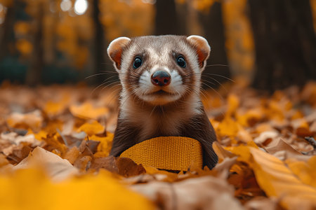 A curious ferret peeks through vibrant orange and yellow leaves in a serene forest, embodying the essence of autumn. the scene highlights the beauty of nature and the playful spirit of wildlife in the fall season. Generative AIの素材