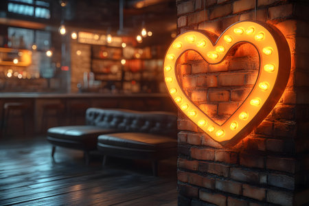 A warm, inviting lounge features a glowing heart-shaped light fixture mounted on a rustic brick wall, creating a romantic atmosphere. soft lighting highlights a plush sofa and wooden floors, perfect for cozy gatherings. Generative AIの素材