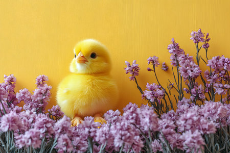 Adorable yellow chick surrounded by vibrant pink blossoms set against a rich yellow background. ideal for easter-themed designs, seasonal decorations, and springtime layouts, evoking warmth and renewal. Generative AIの素材