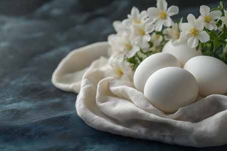 White eggs are elegantly arranged alongside delicate white flowers, resting on soft fabric against a dark background. the composition evokes themes of simplicity, renewal, and spring, ideal for easter decor and seasonal design inspiration. Generative AIの素材