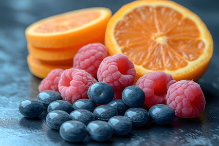 Fresh fruit arrangement showcasing vibrant raspberries, juicy blueberries, and sliced oranges on a textured surface. ideal for themes of nutrition, healthy eating, or culinary presentations. Generative AIの素材
