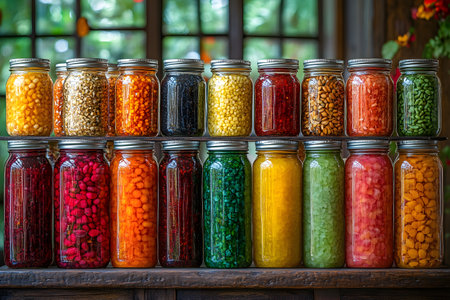 A vivid assortment of glass jars filled with colorful preserved vegetables arranged on a wooden shelf. the vibrant colors range from red to green, creating a visually appealing display against a softly lit window backdrop. Generative AIの素材