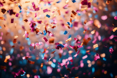 Vibrant display of colorful confetti in motion against a soft-focus background. perfect for adding a festive touch to party invitations, celebration designs, or event promotional materials. Generative AIの素材