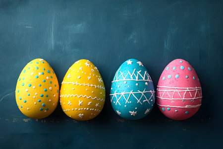 Four vibrantly colored easter eggs feature intricate white patterns against a dark teal backdrop. each egg displays unique designs, showcasing a mix of polka dots, stripes, and cross-stitches, ideal for festive themes. Generative AIの素材