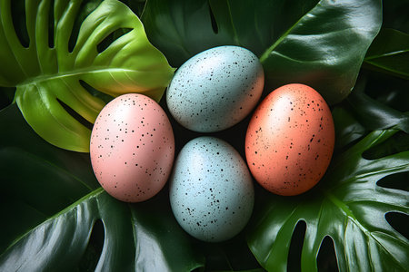 Four vibrantly colored easter eggs rest on lush tropical monstera leaves, showcasing a blend of pastel hues and natural textures. this festive arrangement embodies the essence of spring and holiday celebration, perfect for seasonal designs or decor inspiration. Generative AIの素材