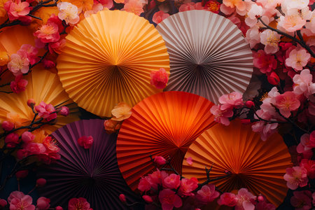 Vibrant paper fans in warm tones are elegantly displayed against a backdrop of cherry blossoms. the scene combines traditional asian art elements with a modern aesthetic, perfect for decorative purposes or festive occasions. Generative AIの素材
