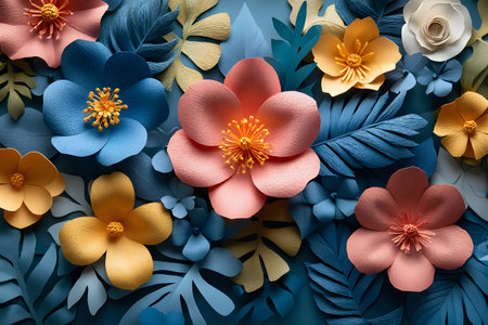 Colorful paper flower arrangement showcasing intricate craftsmanship with a mix of blues, pinks, yellows, and greens. perfect for creative decor, wall art, or design inspiration, artistic expression and design. Generative AIの素材