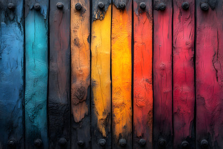 A vivid display of multicolored wooden planks, showcasing an array of rich, textured hues. ideal for artistic backgrounds, design projects, and creative applications requiring a burst of color and rustic charm. Generative AIの素材