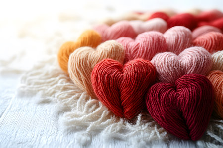 A variety of yarn hearts in warm colors, including red, pink, and orange, arranged on a textured white surface. ideal for themes of love, crafts, and valentine's day decorations emphasizing handmade artistry. Generative AIの素材