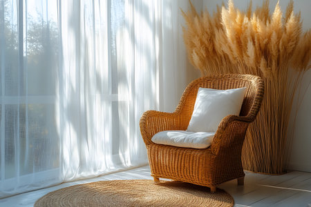 Sunlight streams through sheer curtains, illuminating a cozy wicker chair with a white cushion. dried pampas grass adds a natural touch to this serene interior setting, ideal for home decor inspiration. Generative AIの素材