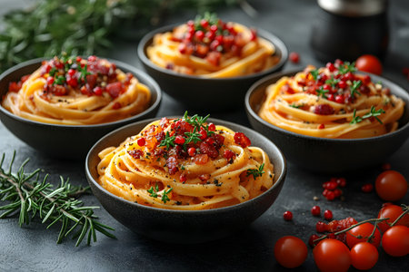 A visually appealing presentation of italian pasta, adorned with fresh tomato sauce, herbs, and spices, set against a dark rustic backdrop. ideal for culinary designs, recipe books, or food photography projects. Generative AIの素材