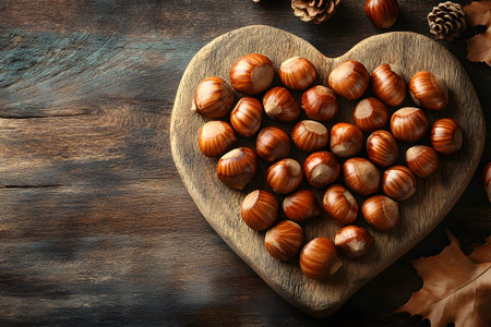 Hazelnuts beautifully arranged on a heart-shaped wooden board, set against a rustic wooden table. pine cones and dried leaves complete the autumnal feel, perfect for seasonal designs and food presentations. Generative AIの素材