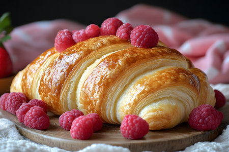 A golden, flaky croissant is adorned with plump, red raspberries, set on a rustic wooden board. the combination of buttery pastry and fresh fruit creates an enticing display, ideal for breakfast or brunch settings. Generative AIの素材