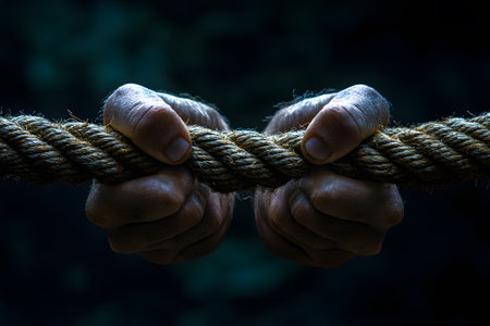 Dramatic close-up of hands gripping a thick rope against a dark background, symbolizing resilience, strength, and determination. the image conveys themes of struggle, persistence, and the human spirit's ability to hold on in challenging situations. Generative AIの素材
