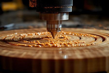 A cnc machine meticulously carves a detailed pattern into a wooden surface, showcasing precision and skill in modern woodworking. the close-up shot highlights the alignment and intricate cutting process. Generative AIの素材