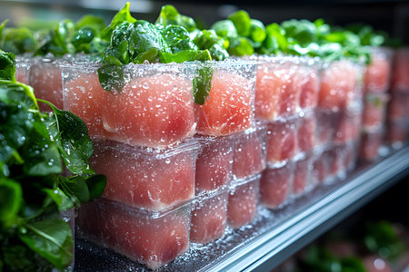 Freshly sliced tuna stacked with vibrant green leaves on a refrigerated display shelf. the glistening texture of the fish and the lush greenery create an appealing visual for gourmet dining and culinary use. Generative AIの素材