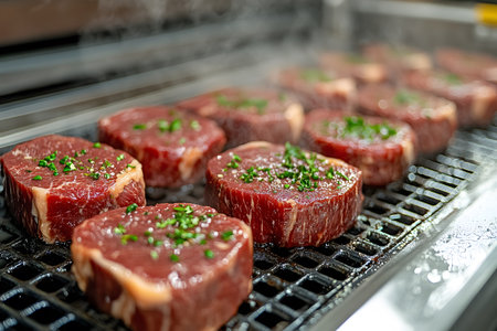 Grilled steak medallions sizzling on a barbecue grill, seasoned with fresh herbs and a sprinkle of salt. steam rises as the tender cuts cook to perfection, showcasing a delicious and flavorful culinary experience. Generative AIの素材